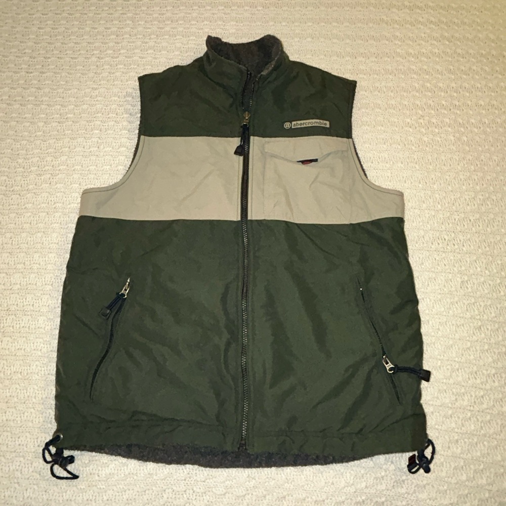 Abercrombie‎ & Fitch Mens Vest XL Green Tan Nylon Reversible Vintage